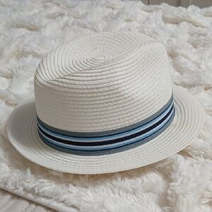 White Straw Hat with Blue Striped Band